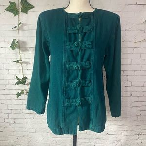 Vintage Military Toggle Fitted Jacket Teal Blue Shoulder Pads USA Retro Small